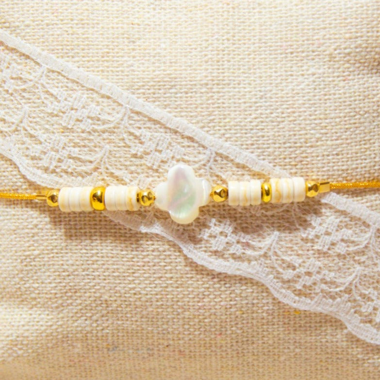 Bracelet Soie Japonaise - Trèfle Nacre & Turquoise teintée blanche