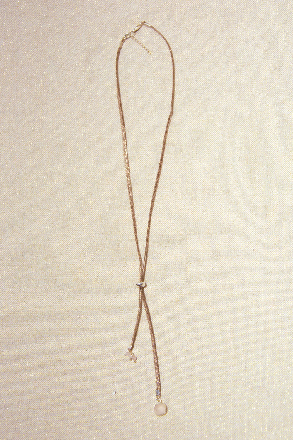 Necklace - Silver Flat Cotton &amp; Rose Quartz
