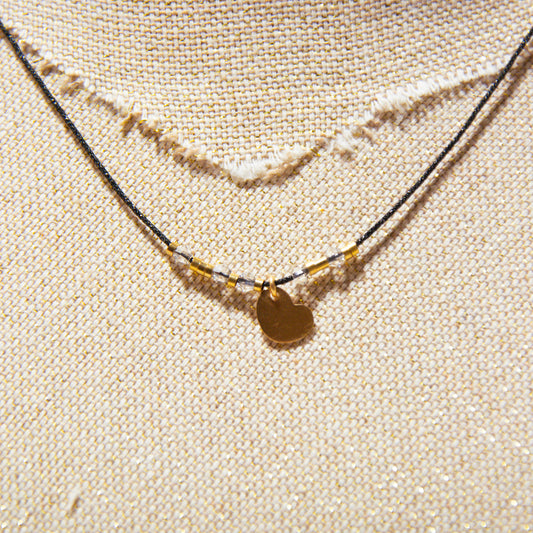 Black Japanese Silk Necklace - Heart &amp; Swarovski