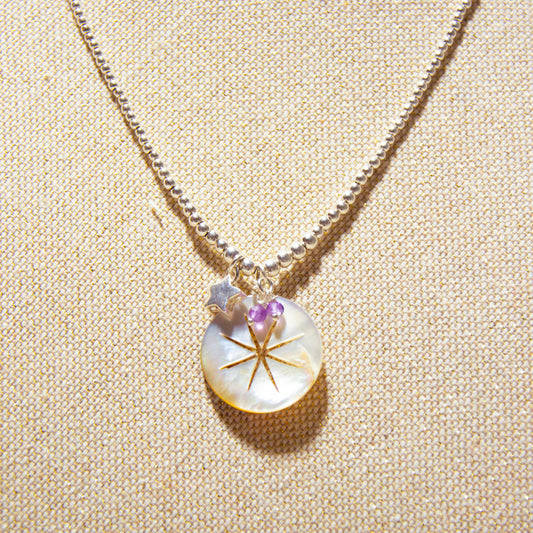 925 Silver Necklace - Mother of Pearl &amp; Amethyst