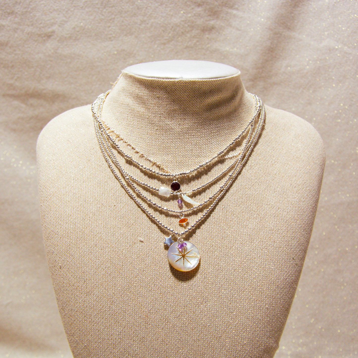 925 Silver Necklace - Moonstone, Mother-of-Pearl &amp; Amethyst