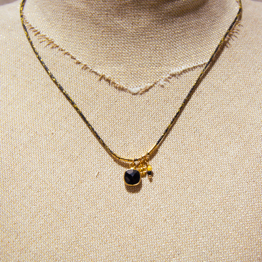 Necklace - Black and Gold Waxed Cotton - Topaz