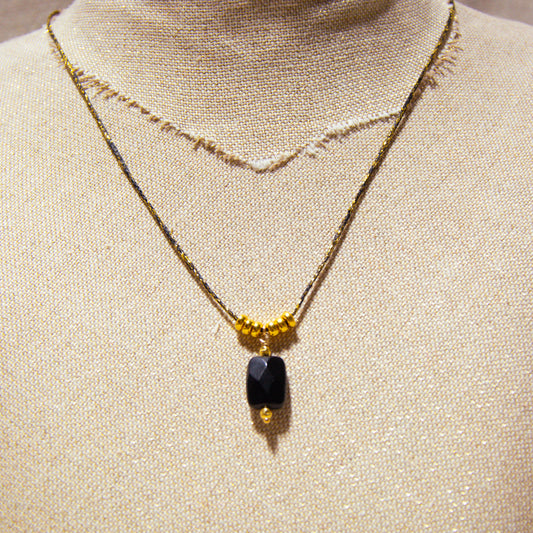 Necklace - Black and Gold Waxed Cotton - Jet Black