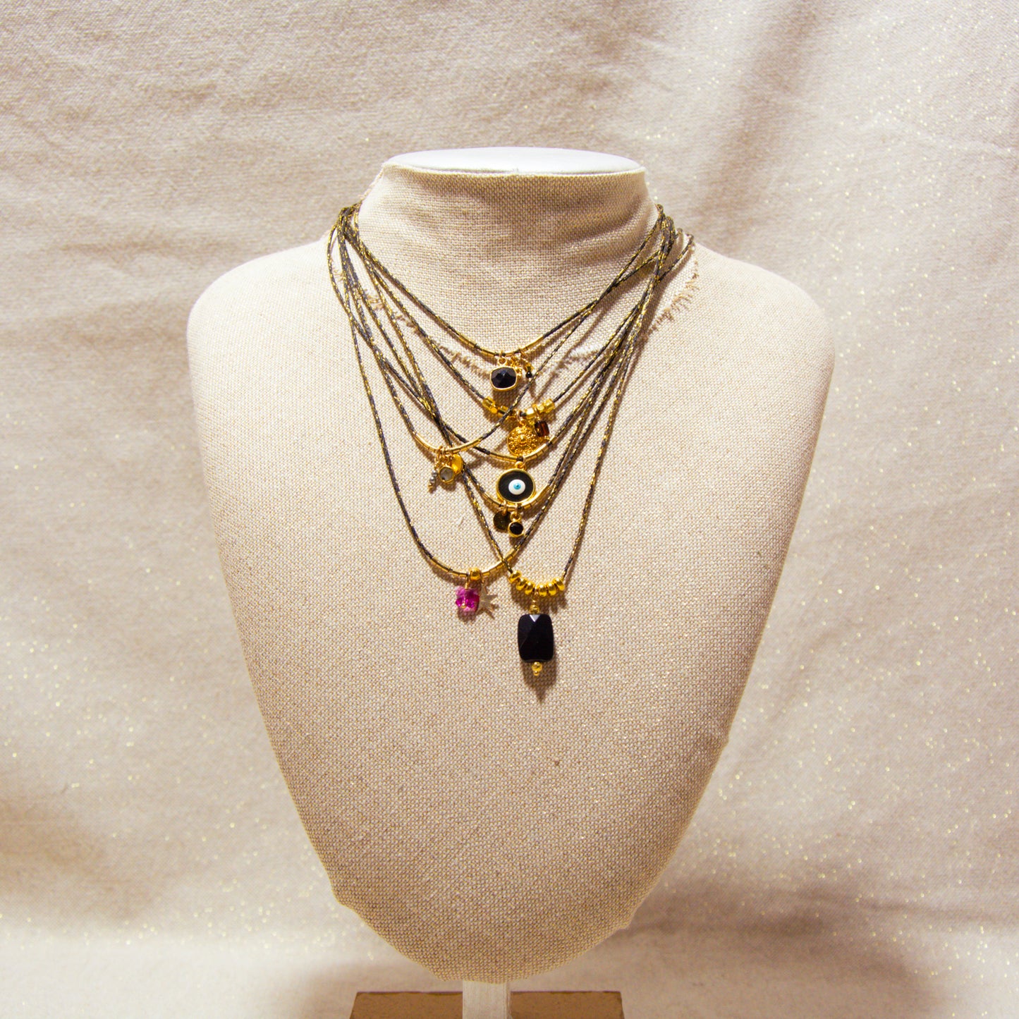 Necklace - Black and Gold Waxed Cotton - Black Onyx