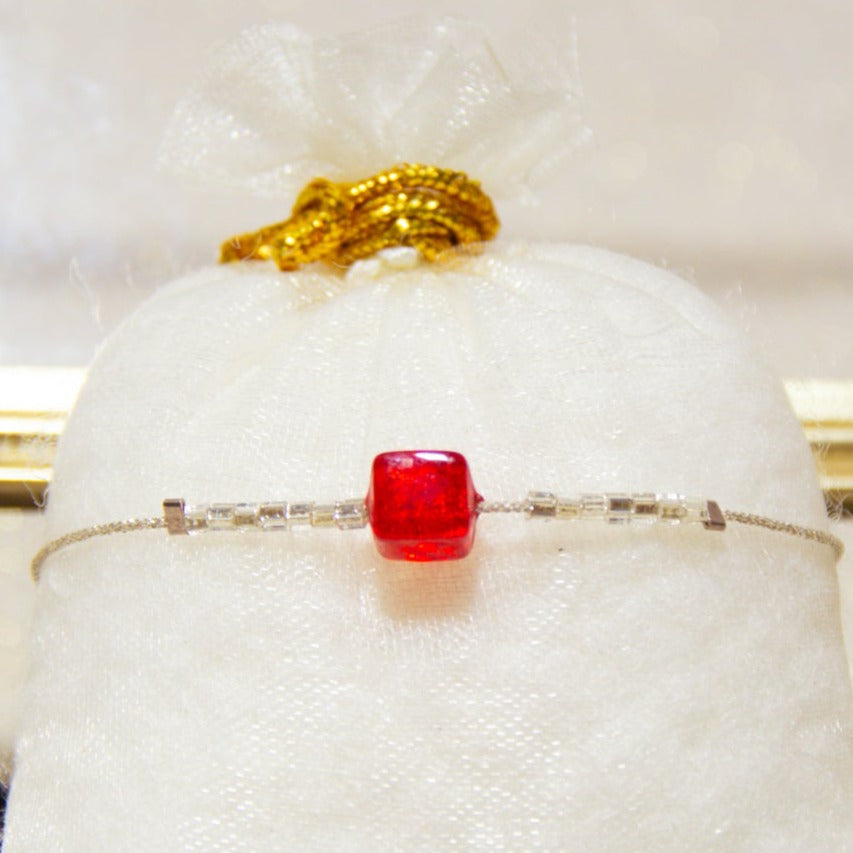 Bracelet Soie Japonaise Argent 925 - Perle de Murano Rouge
