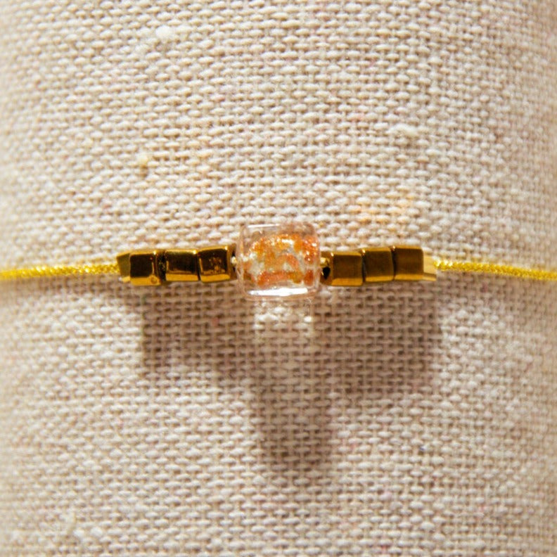 Gold Japanese Silk Bracelet - Murano Glass Stone