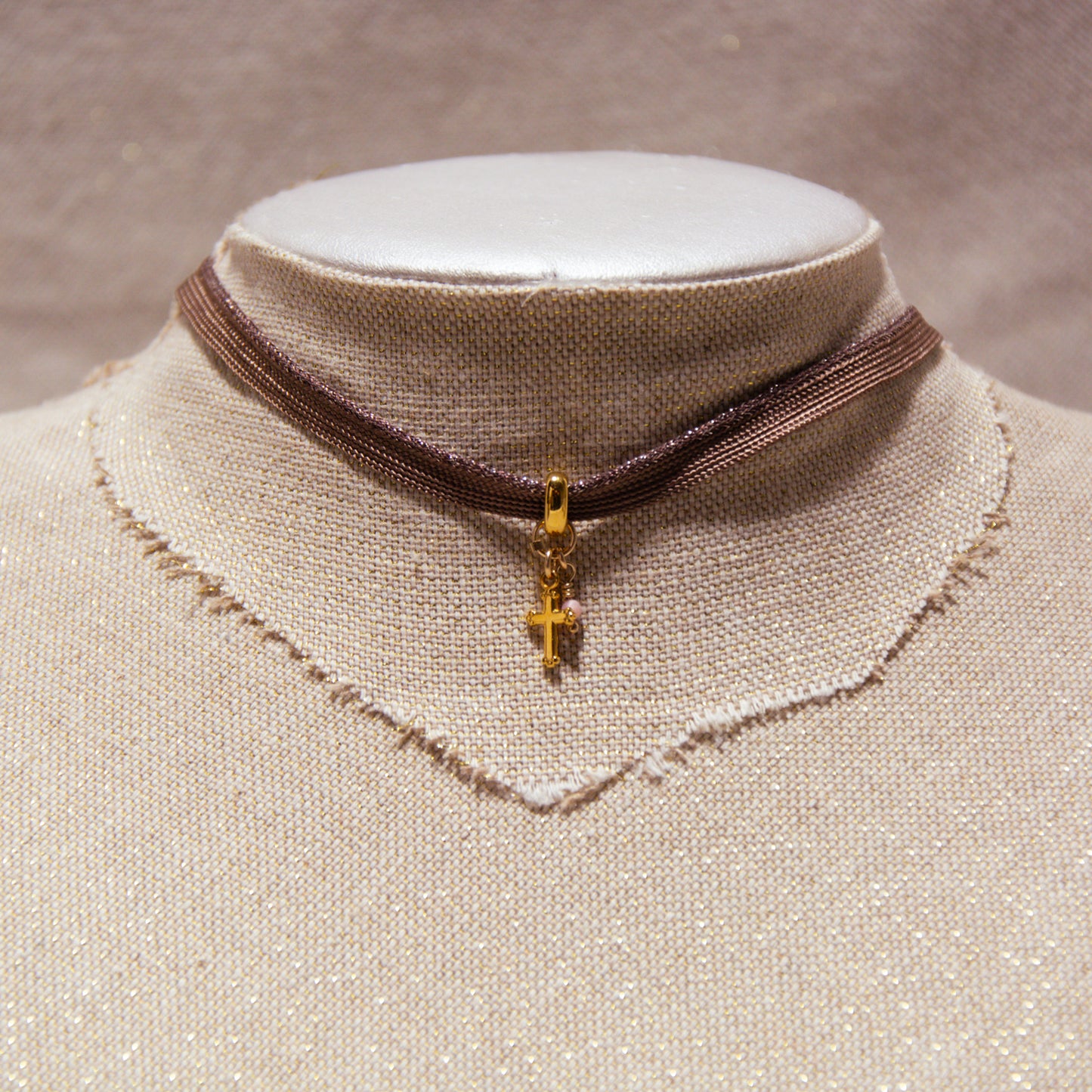 Choker necklace - Waxed cotton - Cross &amp; Pink pearl