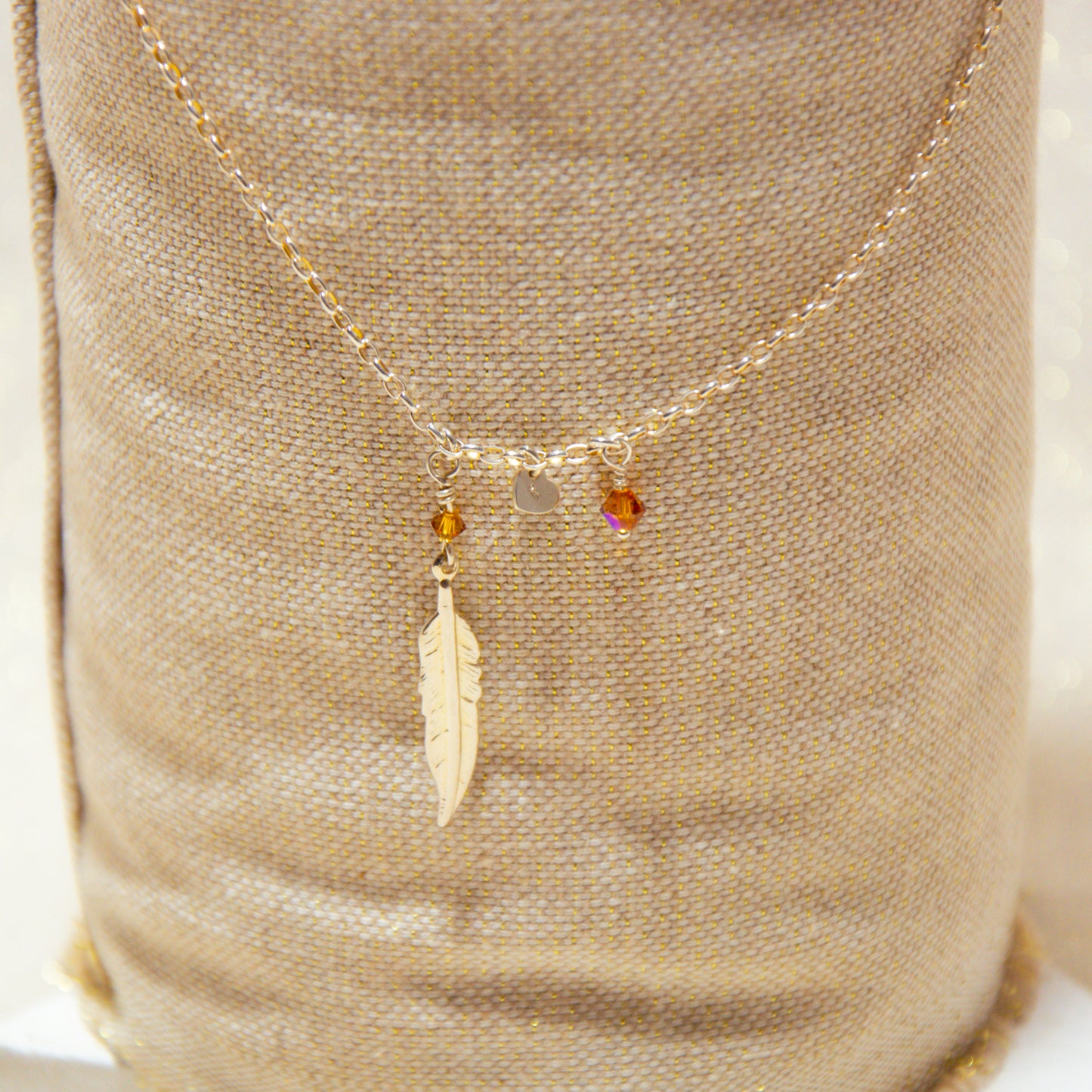 Silver Chain Long Necklace - Feather &amp; Swarovski Golden Shadow