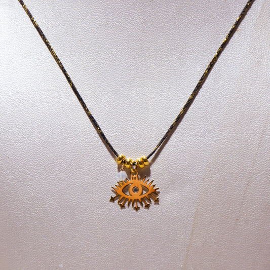 Necklace - Black and Gold Waxed Cotton - Zircon Eye &amp; Swarovski Crystal
