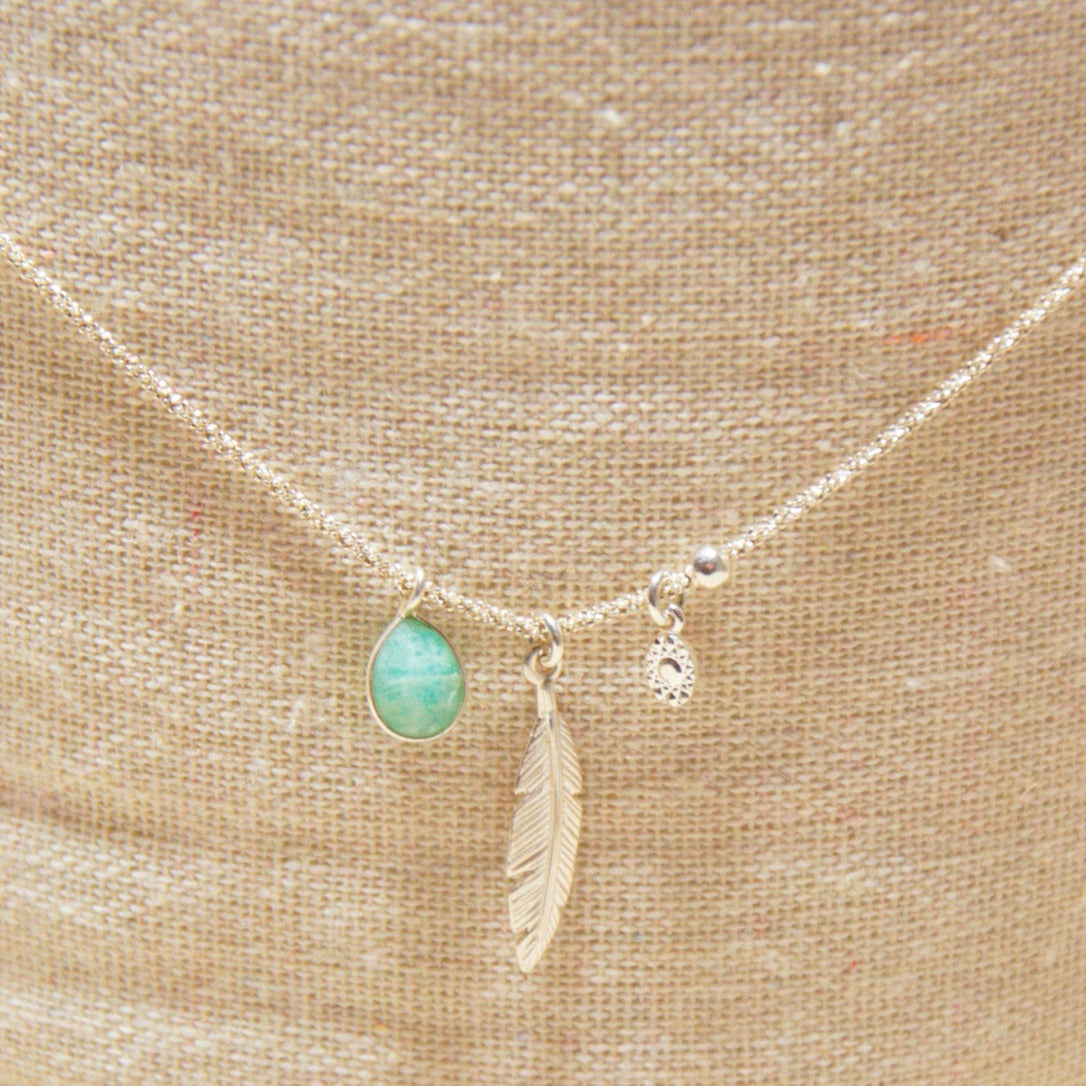 925 Silver Chain Necklace - Feather Snake Mesh - Amazonite