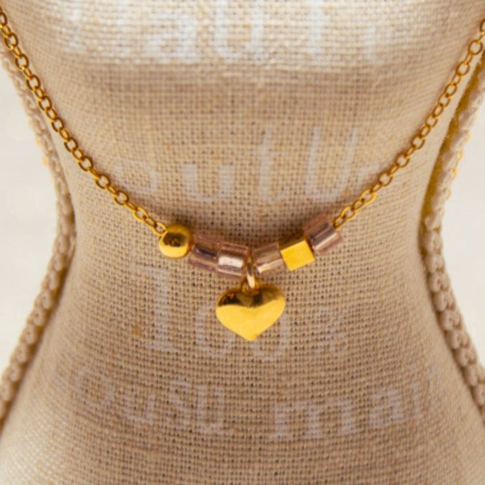 Chain Necklace - Heart &amp; Crystal Cube