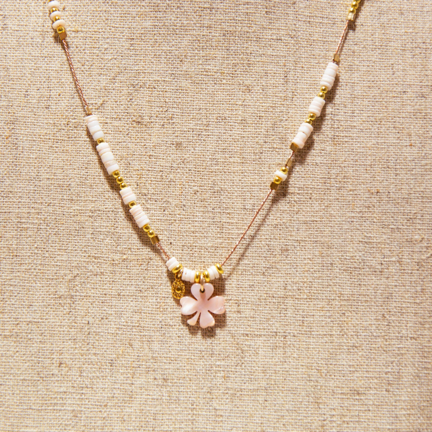 Prestige Collection Long Necklace - Pink Woven Lurex Cord - Mother-of-Pearl Clover