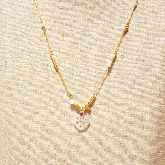 Prestige Collection Long Necklace - Gold Woven Lurex Cord - Mother-of-Pearl Heart