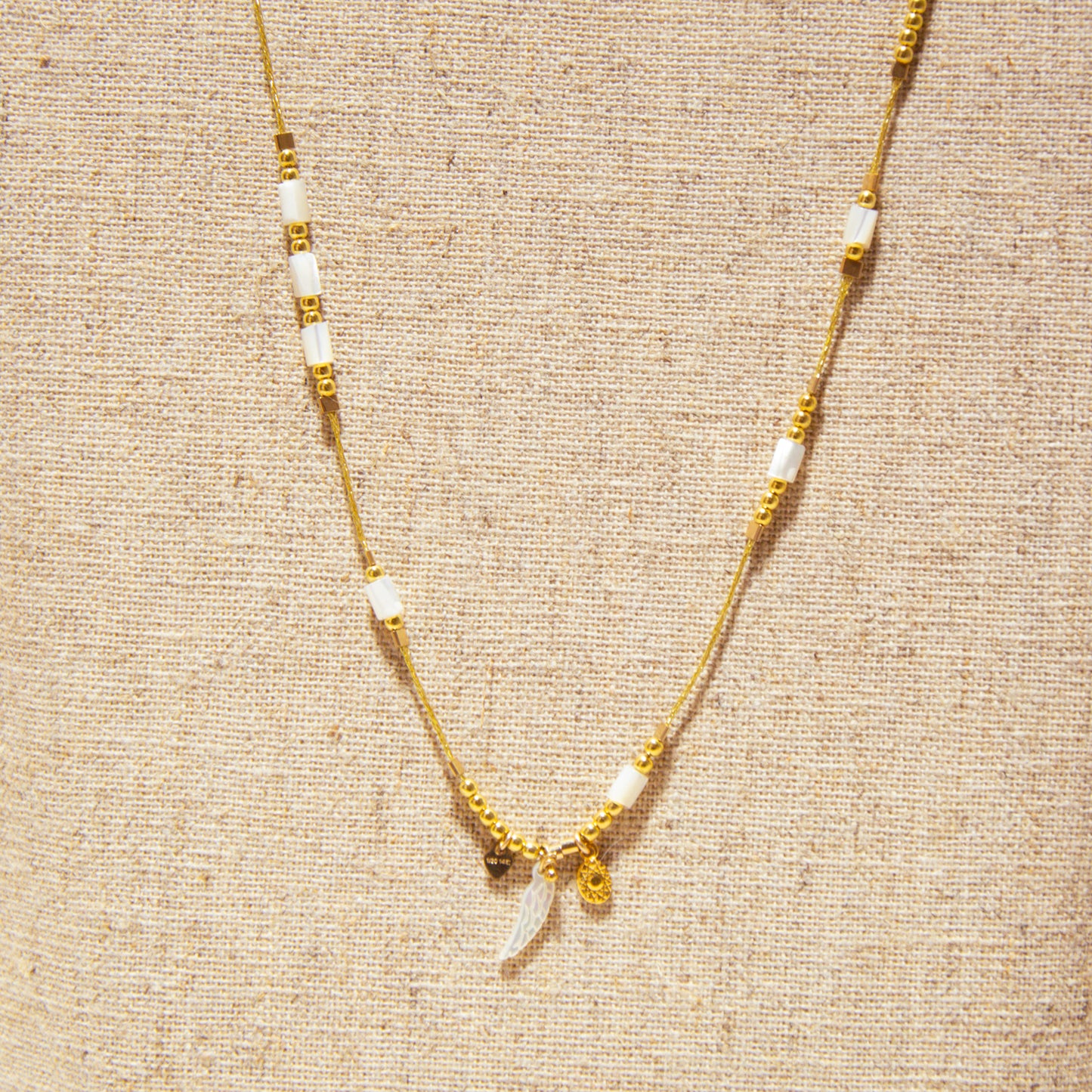 Prestige Collection Long Necklace - Gold Woven Lurex Cord - Wing &amp; Mother-of-Pearl