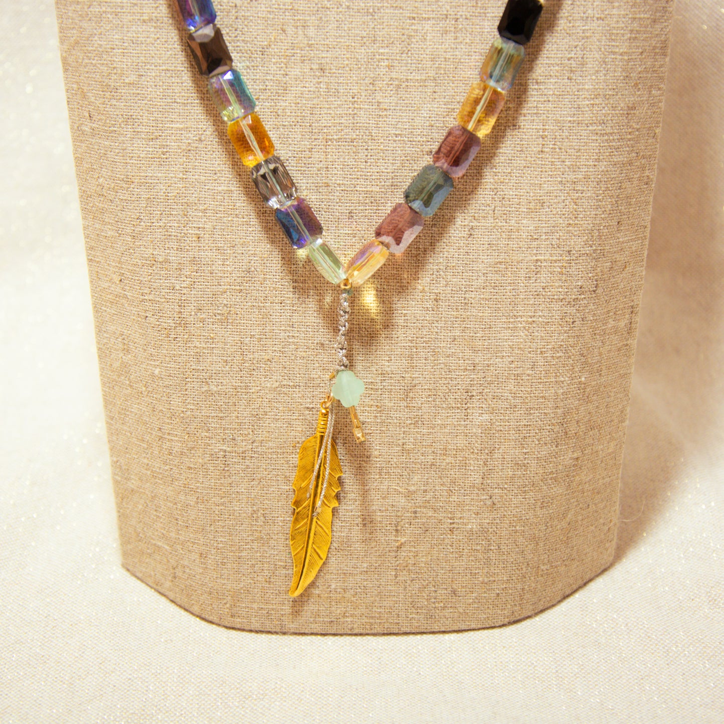 Necklace - Glass Beads - Clover Glass &amp; Feather