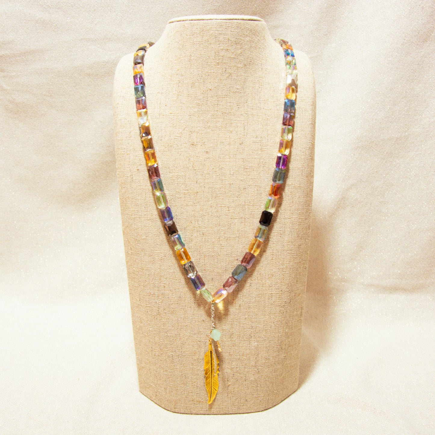 Necklace - Glass Beads - Clover Glass &amp; Feather