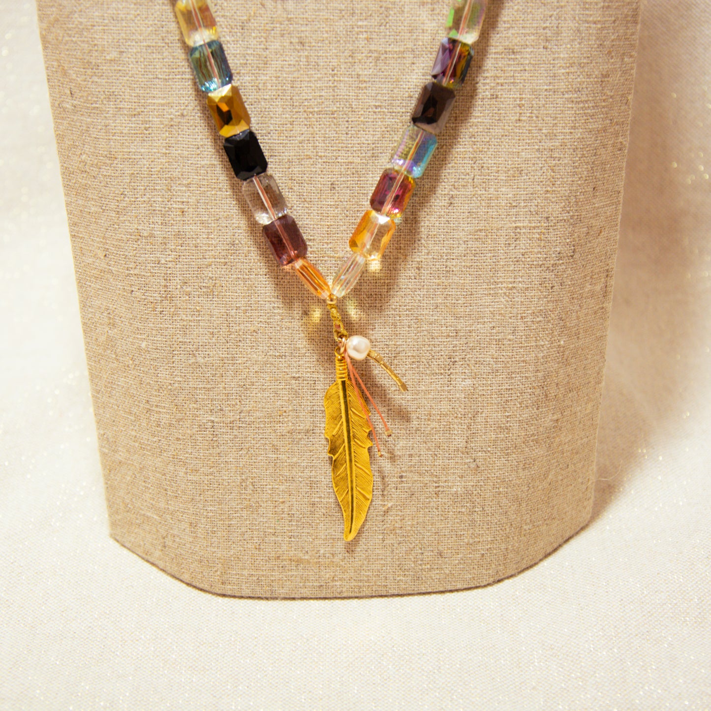 Necklace - Glass Beads - Mother-of-Pearl &amp; Feather